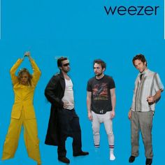 four men standing in front of a blue background with the words weezer on it