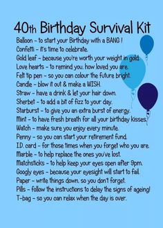 a blue birthday survival kit with balloons and the words, 40th birthday survival kit