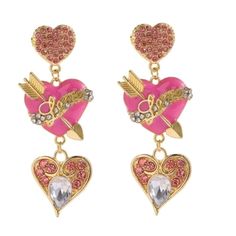 Super Cute Betsey Heart Dangle Earrings Love Arrow, Crystal Pearl Earrings, Black Hoops Earrings, Betsey Johnson Earrings, Pink Studs, Long Light, Chappell Roan, Heart Dangle Earrings, Statement Drop Earrings