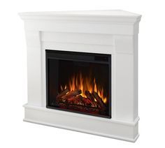 a white fireplace with flames on it