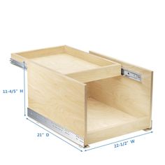 a wooden drawer with measurements for the bottom and side drawers on each side is shown