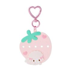 a pink and green strawberry shaped keychain with a hello kitty face on it