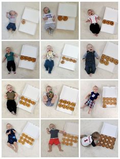 twelve photos of babies with doughnuts and donuts arranged in the shape of boxes