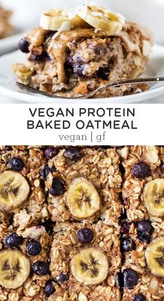 a close up of a plate of food with bananas and granola on it, and the words vegan protein baked oatmeal