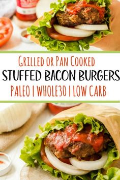 grilled or pan cooked stuffed bacon burgers with onions, lettuce and tomato sauce