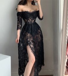 Slim Body Dress, Black Lace Dress Aesthetic, Slim Dress Outfit, See Thru Lace Dress, Black Dress Goth, Full Sleeve Long Dress, Cute Goth Outfits, Mode Harajuku, Black Slim Dress