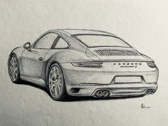 a pencil drawing of a sports car on white paper with the word porsche written on it