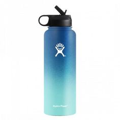 the hydro flask water bottle is blue and green with a white logo on it