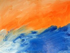 an orange and blue painting on canvas with watercolors in the bottom right corner