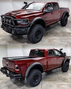 two pictures of the front and rear sides of a red pickup truck with black tires