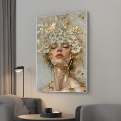 a woman with flowers in her hair is on the wall next to a table and chair