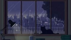 two cats sitting in front of a window looking out at the city