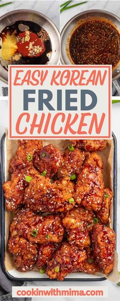 easy korean fried chicken in a pan with sauce and seasoning