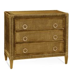 a brown wicker chest with three drawers