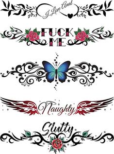 four different tattoo designs with roses and butterflies