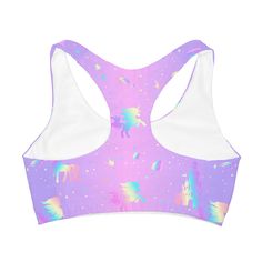 Crafted from a soft, lightweight double-lined fabric, this racerback sports bra is designed with comfort and adjustability in mind; the elastic band allows the wearer to fit the garment exactly to their body shape while remaining seamless and non-abrasive during physical exertion. Elegantly adorned with an enchanting all-over Pastel Unicorn Fairytale print, this is an ideal choice for any active girl. : Material: 82% polyester, 18% spandex .: Medium fabric (7.5 oz /yd²).: Runs true to size.: Rac Fitted Racerback Bra For Training, Fitted Racerback Training Bra, Racerback Bra With Medium Support For Light Exercise, Medium Support Racerback Bra For Light Exercise, Multicolor Sleeveless Sports Bra For Yoga, High Stretch Racerback Bra For Light Exercise, Light Support Racerback Crop Top For Exercise, Racerback Crop Top With Light Support For Exercise, Medium Support Racerback Crop Top For Light Exercise