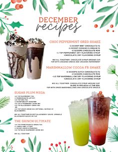 a menu for christmas desserts with drinks