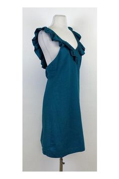 This teal ruffly sleeveless dress is perfect for brunch. Wear it with sandals and a tote for a casual chic look. Size 4 Body 55% Linen 45% Rayon Lining 100% Silk Made in the USA Concealed side zip V neck Ruffly straps Shoulder to Hem 36.75" While Loeffler Randall is mainly known for shoes, bags and accessories, you will also find clothing under this brand. The Loeffler Randall style can be described as young and put-together. Perfect for the woman who wants style along with sophistication. Summer Sleeveless Dress With Ruffles, Knee-length, Green Sleeveless Dress With Ruffle Hem For Summer, Summer Sundress For Date Night With Ruffles, Casual Sleeveless Ruffle Dress For Spring, Summer Ruffle Dress With Ruffled Straps For Date Night, Flowy Sleeveless Ruffle Dress For Date Night, Chic Green Sleeveless Dress With Ruffles, Green Knee-length Ruffle Dress For Summer, Summer Ruffle Sleeve Dress For Date Night