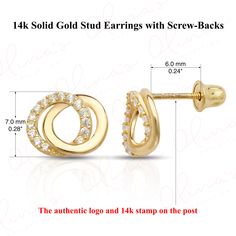 14k yellow gold stud earrings contain 30 small stones of cubic zircon set in prong. A screw post is similar to post-backs except for the fact that it has a removable screw called the clutch, which holds the post in place. This is also known as a screw back. A screw back gives you extra security than a regular post backing and is typically used for expensive diamond stud earrings that require increased security. Expensive Diamond, Gold Stud Earrings, Gold Stud, Diamond Stud, Screw Back Earrings, Gold Earrings Studs, Diamond Earrings Studs, Prong Setting, Classic Design