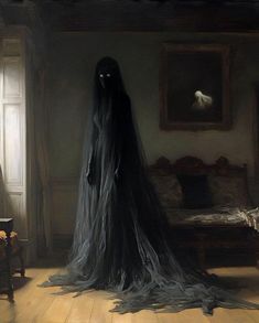 a painting of a woman with long black veil