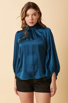 Gorgeous satin top for the Fall season! Small 2-4, Medium 6-8, Large 10-12, XL 14-16, 1XL 18-20, 2XL 22-24 Satin Balloon Sleeve Top For Party, Satin Top With Button Closure, Blue Long Sleeve Satin Top, Plus Size Satin Blouse Long Sleeve, Turquoise Satin Shirt, Balloon Sleeve Top, Balloon Sleeve Blouse, High Low, Satin Blouse