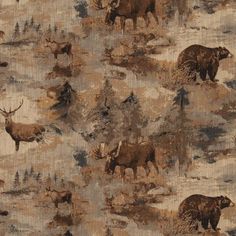 an animal print fabric with moose and elk in the woods on brown, tan and beige colors