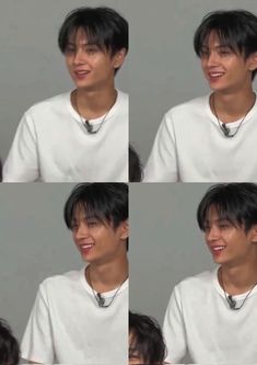 multiple shots of a young man with black hair and white shirt smiling at the camera