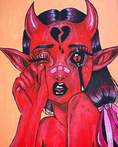 a painting of a woman with horns on her head and red makeup, holding her hand to her face