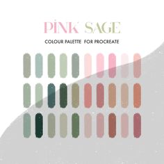 the pink sage color palette for procreate is shown in shades of green, orange and