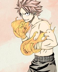 an anime character with pink hair and black pants holding a yellow object in his hands