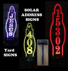 solar address signs and yard signs are shown in three different colors, including red, yellow, blue, green