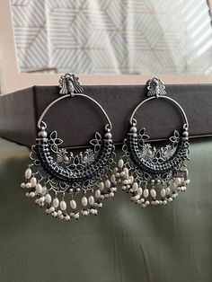 Peacock Big Statement Pearl German silver earrings. Light weight