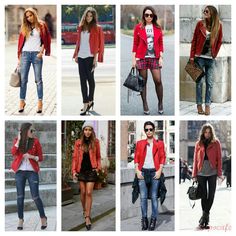 Different ways to wear a red biker jacket Red Moto Jacket Outfit, Red Biker Jacket Outfits, Leather Jacket Outfit Spring, Short Jacket Outfit, Red Leather Jacket Outfit, Red Biker Jacket, Red Jacket Outfit, Ny Winter, Biker Jacket Outfit