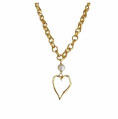 Elevate your elegance with this timeless combination of a lustrous freshwater pearl on a captivating gold chain, paired with a beautiful heart pendant. This classic and sophisticated look is truly everlasting, perfect for any occasion. freshwater pearl gold plated heart pendant length: available in 16" or 18" with extender Valentine's Day Metal Necklace With Pearl Chain, Elegant Metal Charm Necklace With Heart Charm, Elegant Metal Heart Charm Necklace, Gold Heart-shaped Pearl Pendant Jewelry, Gold Pearl Jewelry With Heart Charm, Gold Necklace With Pearl Chain For Valentine's Day, Elegant Metal Heart Necklace For Wedding, Valentine's Day Gold Necklace With Pearl Chain, Valentine's Day Heart Pendant Necklace With Pearl Chain