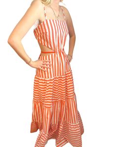 Introducing the Megan Maxi Dress Step into style this season with the stunning Megan Maxi Dress. This striking piece features a beautiful combination of orange and white stripes, making it the perfect choice for any occasion. Key Features: Eye-Catching Design: The vibrant orange and white stripes ensure you stand out in any crowd. Flattering Silhouette: The maxi length provides elegance and comfort, while the ties in the back allow for a customizable fit. Unique Cut-Outs: Stylish side cut-outs a Summer White Dress With Vertical Stripes, White Summer Dress With Vertical Stripes, Summer White Dresses With Vertical Stripes, Beach White Maxi Dress With Vertical Stripes, White Maxi Dress With Vertical Stripes For Spring, White Casual Midi Dress With Vertical Stripes, White Midi Dress With Vertical Stripes For Summer, Side Cuts, Striped Maxi