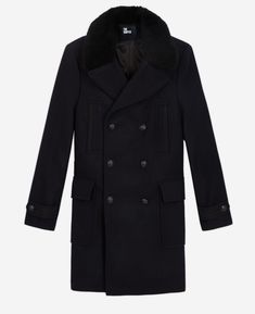 Navy blue wool coat | The Kooples - US Blue Wool Coat, The Kooples, The Navy, Wool Suit, Modern Outfits, Blue Wool, Black Leather Boots, Fur Collars, Wool Coat