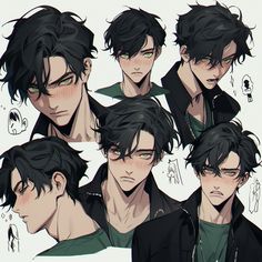 an anime character with black hair and green eyes is shown in this drawing, he looks like