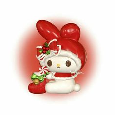 a hello kitty figurine holding a heart shaped balloon with bows and bow on it