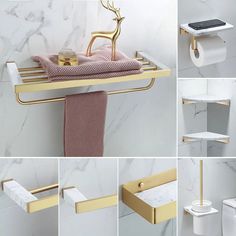 several photos of bathroom accessories including toilet paper, tissue holder and towel rack in various angles