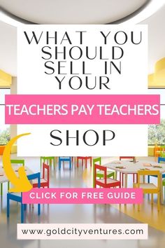 the teacher's pay teachers shop sign with colorful chairs and tables in front of it