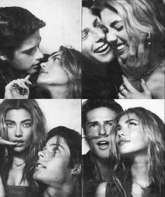 black and white photo collage of four different photos of people making faces with each other