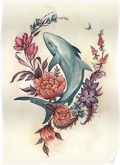 a drawing of a dolphin surrounded by flowers