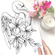 a drawing of a bird sitting on top of a flower next to a candle and some pink flowers