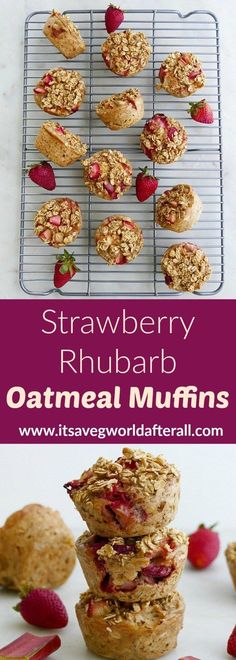 strawberry rhubarb oatmeal muffins stacked on top of each other