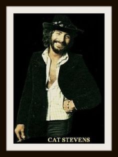 a man wearing a black hat and jacket with the caption cat stevens on it