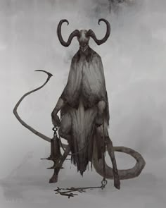 a drawing of a demon with horns and tail