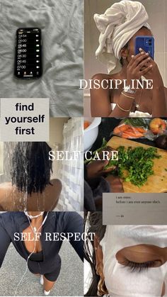 a collage of photos with words describing self care, self respect and cell phone