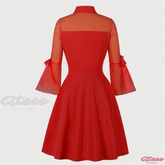 Qteee - Elegant Hollow Lantern Sleeve Mesh Patchwork Dress Elegant Stretch Dresses With Patchwork, Elegant Stretch Patchwork Dress, Patchwork Dress For Office In Fall, Fall Office Dress With Patchwork, Red Long Sleeve Dress With Splicing, Elegant Patchwork Dress For Office, Elegant Patchwork Office Dress, Red Spliced Dress For Party, Spring Formal Patchwork Dresses