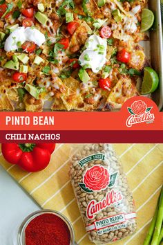 the ingredients for pino bean chili nachos in a pan