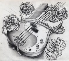 a drawing of a guitar with roses on it